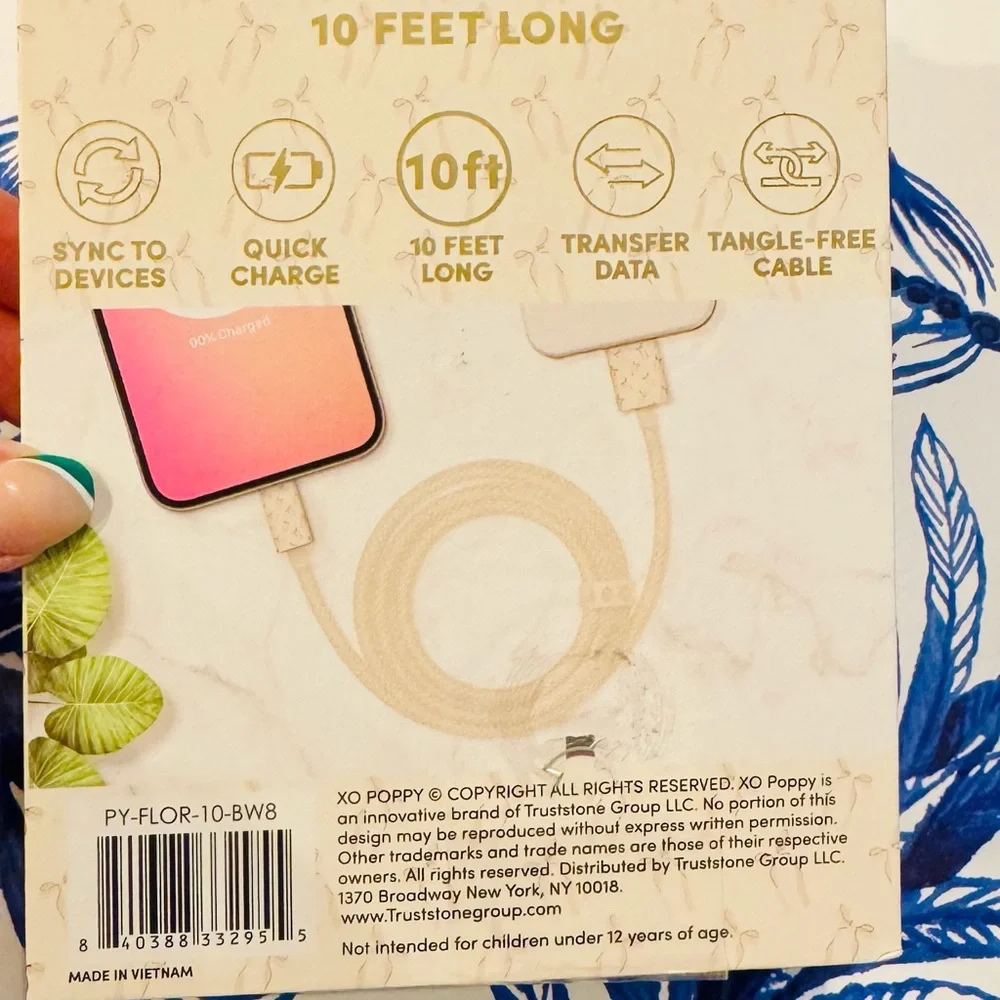 🎀NIB iPhone iPad iPod USB-A to Lightning Cable, 10 feet long, pink bow 🎀 design